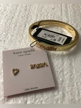 kate spade Love You, Mom Pavé Asymmetrical Stud Earrings & Gold Bangle Bracelet